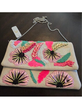 NWT Boho Neon Ebroidered Woven Beige Floral Beaded Clutch Crossbody Chain Strap